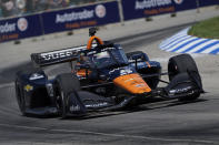 Pato O'Ward competes in the second race of the IndyCar Detroit Grand Prix auto racing doubleheader on Belle Isle in Detroit, Sunday, June 13, 2021. O'Ward won the race. (AP Photo/Paul Sancya)