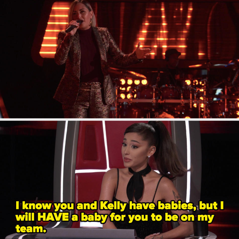 Katie performing, and Ariana saying, "I know you and Kelly have babies, but I will HAVE a baby for you to be on my team"