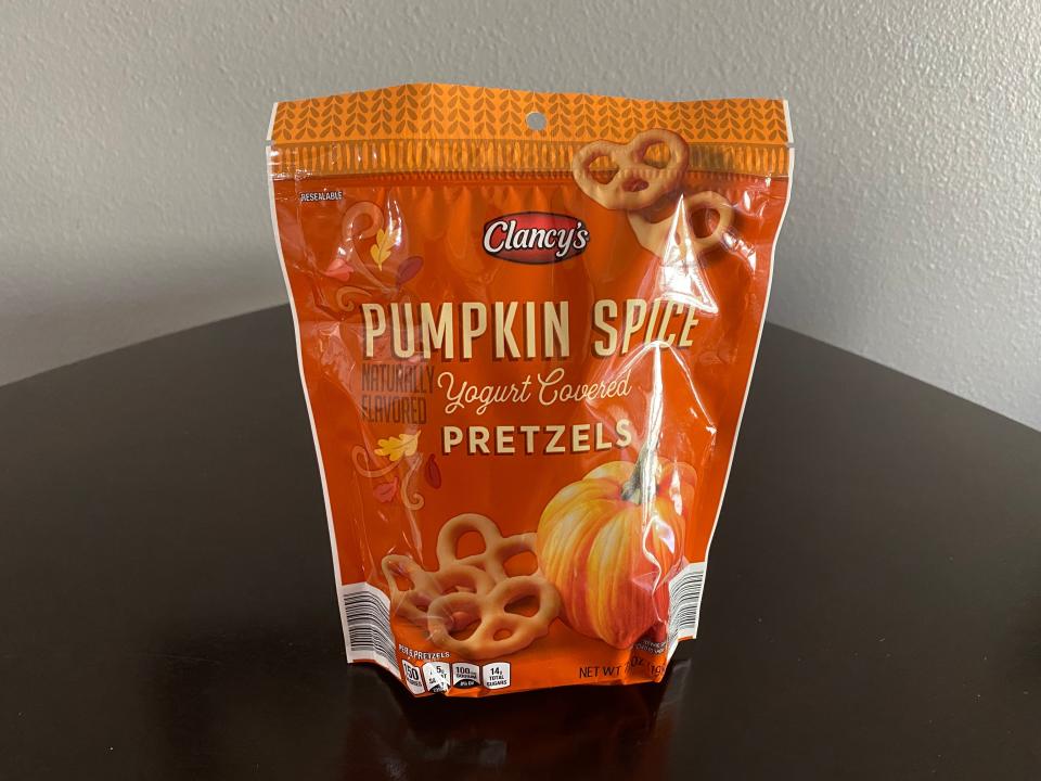 orange bag of pumpkin spice yogurt pretzels from aldi