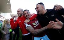 Britain Football Soccer - Burnley v Queens Park Rangers - Sky Bet Football League Championship - Turf Moor - 2/5/16 Burnley's Andre Gray celebrates promotion to the premier league Mandatory Credit: Action Images / Carl Recine Livepic