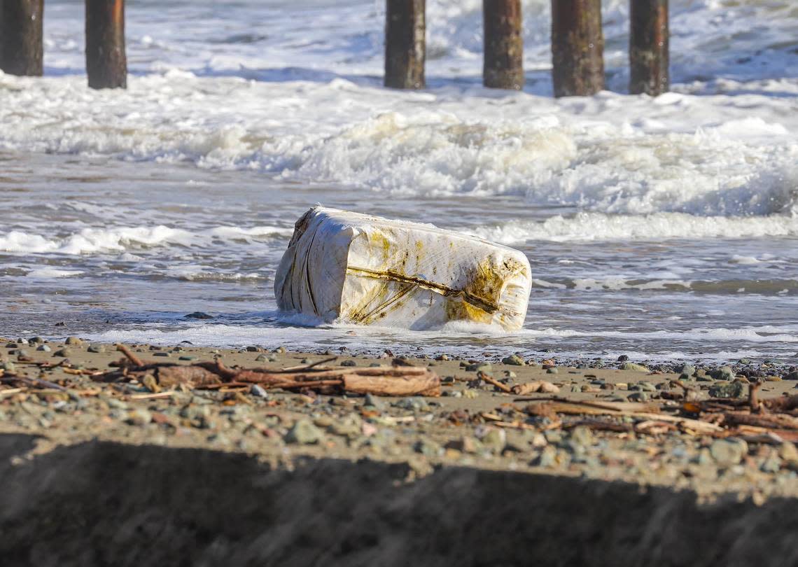 Bales of cotton washed up on San Luis Obispo County shoes on Sunday, March 3, 2024, including at elephant sea beaches near San Simeon.