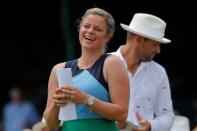 Kim Clijsters of Belgium (L) and Andy Roddick of the U.S. take their seats before being inducted into the International Tennis Hall of Fame in Newport, Rhode Island, U.S., July 22, 2017. REUTERS/Brian Snyder