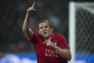 FC Midtjylland's Morten Duncan Rasmussen celebrates after scoring against Southampton during their Europa League play-off soccer match at MCH Arena in Herning August 27, 2015. REUTERS/Bo Amstrup/Scanpix Denmark