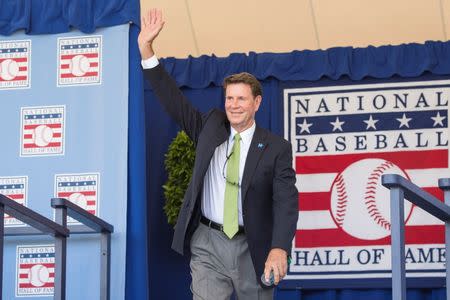 Jul 24, 2016; Cooperstown, NY, USA; Hall of Famer Jim Palmer waves after being introduced during the 2016 MLB baseball hall of fame induction ceremony at Clark Sports Center. Mandatory Credit: Gregory J. Fisher-USA TODAY Sports