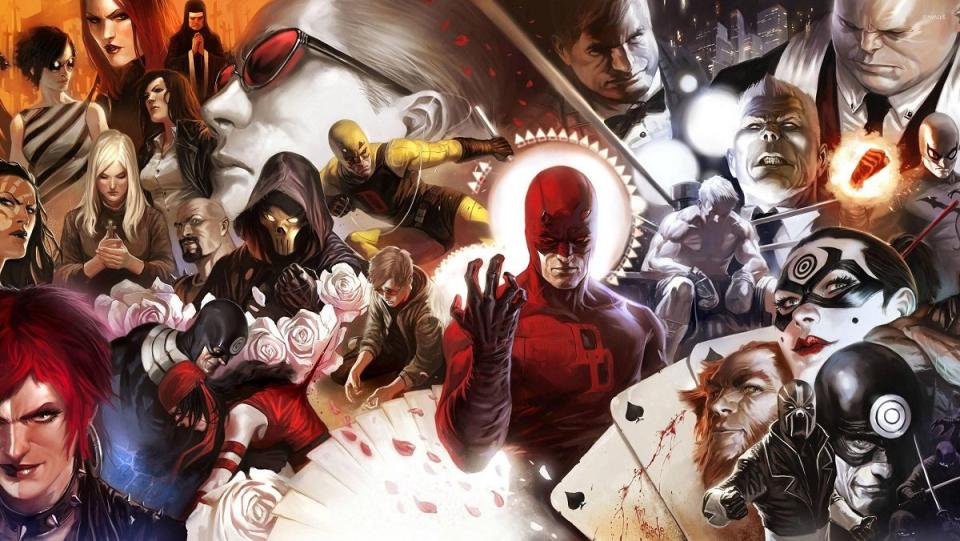 Daredevil, surrounded by many of his greatest villains.