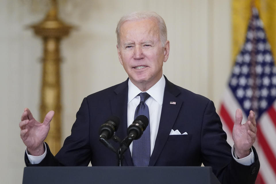 President Joe Biden speaks about Ukraine in the East Room of the White House, Tuesday, Feb. 15, 2022, in Washington. (AP Photo/Alex Brandon)