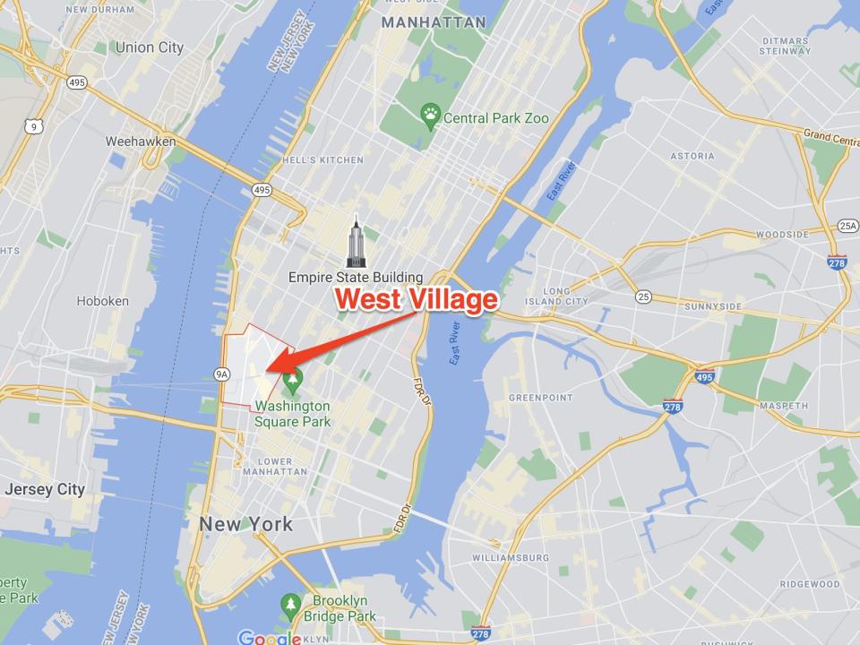 West Village is located on the west side of Manhattan on a map