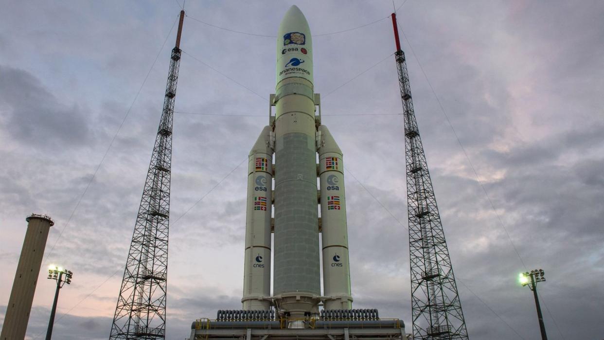  Europe's Ariane 5 rocket with the Jupiter Icy Moon Explorer in its nose cone on a launch pad in Kourou, French Guiana. 