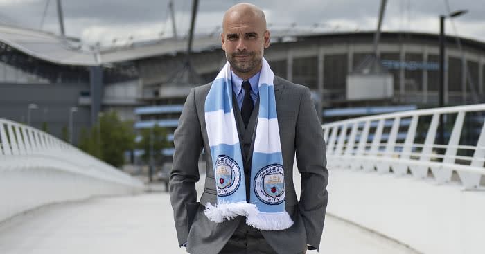 Pep Guardiola outside the Man City Stadium