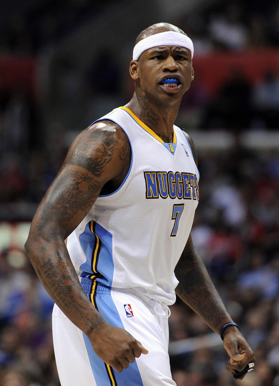 LOS ANGELES, CA - FEBRUARY 22: Al Harrington #7 of the Denver Nuggets reacts during the game against the Los Angeles Clippers at Staples Center on February 22, 2012 in Los Angeles, California. The Clippers won 103-95. NOTE TO USER: User expressly acknowledges and agrees that, by downloading and or using this photograph, User is consenting to the terms and conditions of the Getty Images License Agreement. (Photo by Harry How/Getty Images)