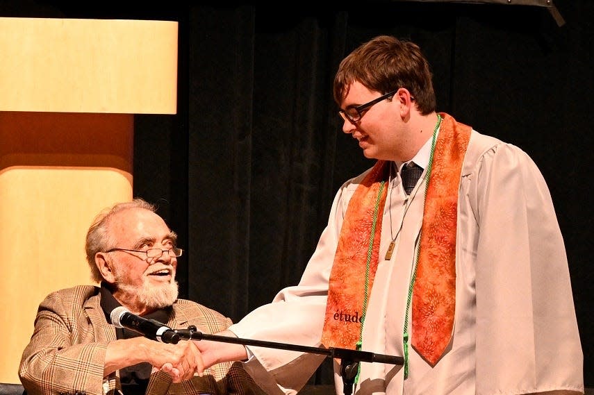 Herbert V. Kohler Jr., executive chairman, Kohler Co., with Spencer Kaufmann, recipient of the Herbert V. Kohler Scholarship at Etude High School’s Baccalaureate Ceremony June 9, 2022.