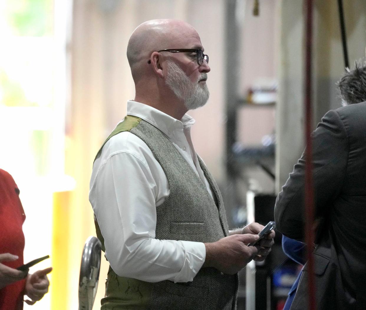 Wisconsin Rep. Derrick Van Orden is seen before Republican vice presidential nominee JD Vance speaks at Wollard International, an aviation ground equipment manufacturer in Eau Claire on Wednesday, Aug. 7, 2024.