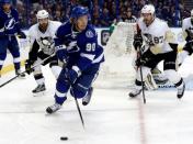 May 24, 2016; Tampa, FL, USA; Tampa Bay Lightning center Vladislav Namestnikov (90) skates with the puck against the Pittsburgh Penguins during the third period of game six of the Eastern Conference Final of the 2016 Stanley Cup Playoffs at Amalie Arena. Mandatory Credit: Kim Klement-USA TODAY Sports