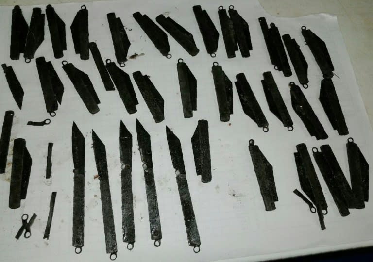 Blades recovered following surgery on an Indian policeman who swallowed over 40 knives, seen at Amritsar hospital