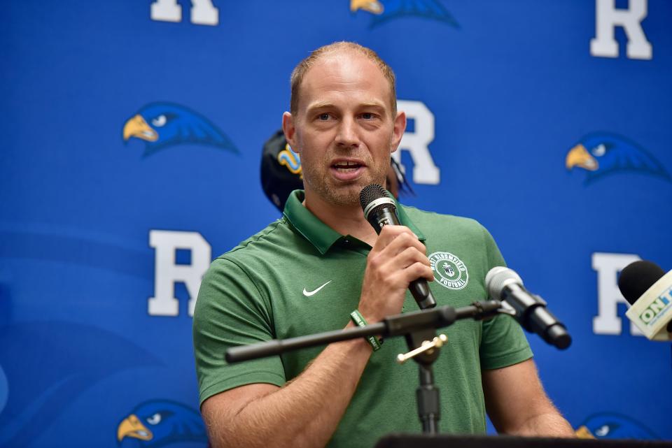 West Bloomfield coach Zach Hilbers speaks during Oakland Activities Association Football Media Day on Friday, Aug. 4, 2023, at Rochester High School.