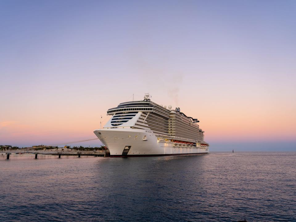 A MSC cruise ship at sunset