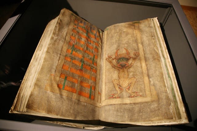 The largest medieval manuscript in the world known as the Codex Gigas or also as the Devil's Bible displayed at the exhibition '