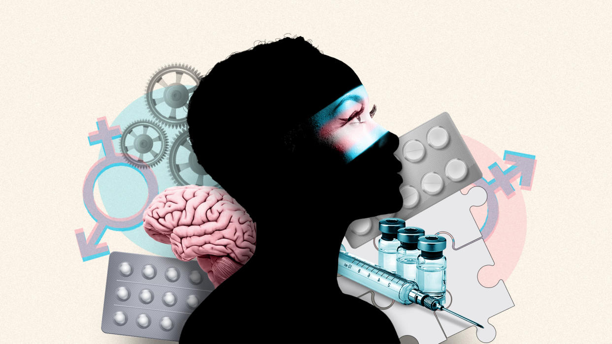 Silhouette of person's head with eyes lit, against mashup image of gears, pills, vials, male and female symbols, puzzle pieces, a brain and a hypodermic needle.