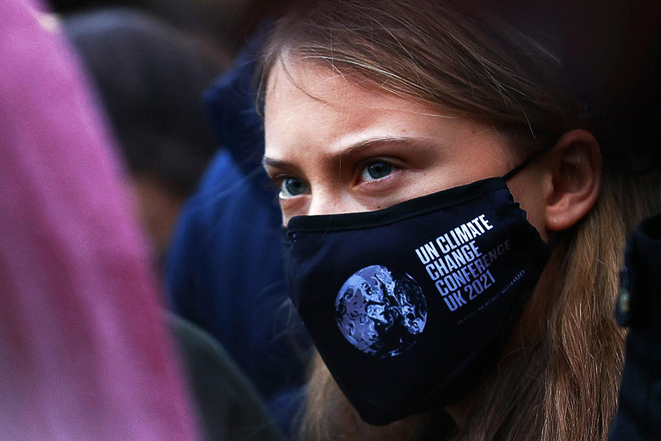 Swedish climate activist Greta Thunberg takes part in a protest at Festival Park in Glasgow on the sidelines of the COP26 UN Climate Summit on Nov. 1, 2021. (Adrian Dennis / AFP - Getty Images)