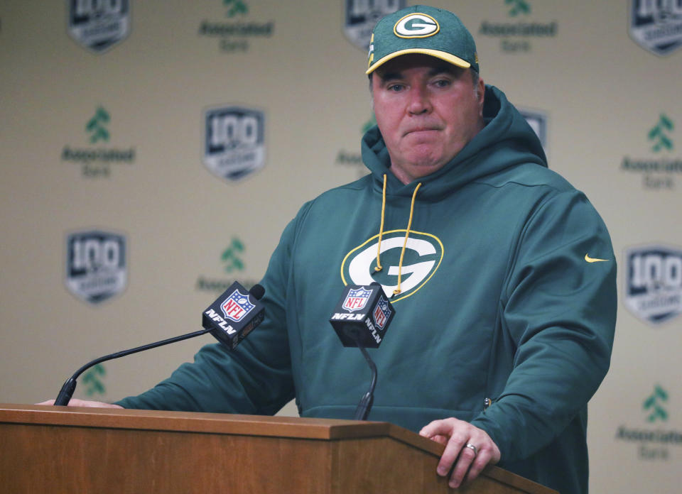 FILE - Green Bay Packers head coach Mike McCarthy speaks in a post game press conference following an NFL football game against the Arizona Cardinals Sunday, Dec. 2, 2018, in Green Bay, Wis. Arizona won 20-17. McCarthy was fired as head coach following the game. Everybody wants to know what's going through the mind of the man who led the Packers to a Super Bowl title before an unhappy ending with a midseason firing almost eight years later. (AP Photo/Mike Roemer, File)