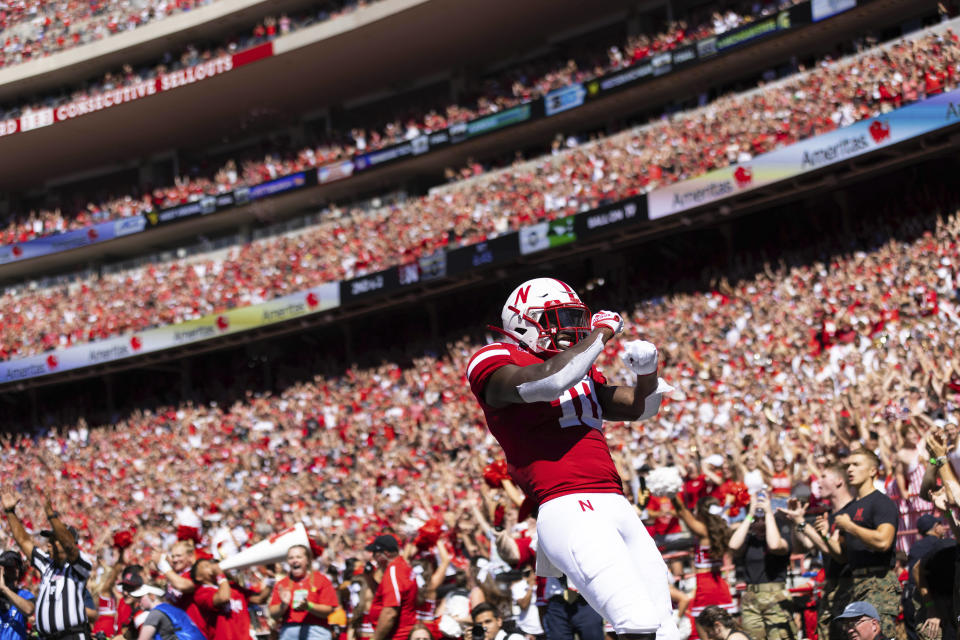 Nebraska's Anthony Grant (10) runs in a touchdown against North Dakota during the first half during an NCAA college football game Saturday, Sept. 3, 2022, in Lincoln, Neb. (AP Photo/Rebecca S. Gratz)