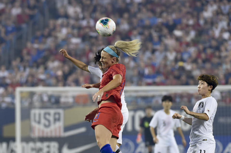 United States' Julie Erta (8) heads the ball during the team's soccer match against South Korea on Thursday, Oct. 3, 2019, in Charlotte, N.C. (AP Photo/Mike McCarn)