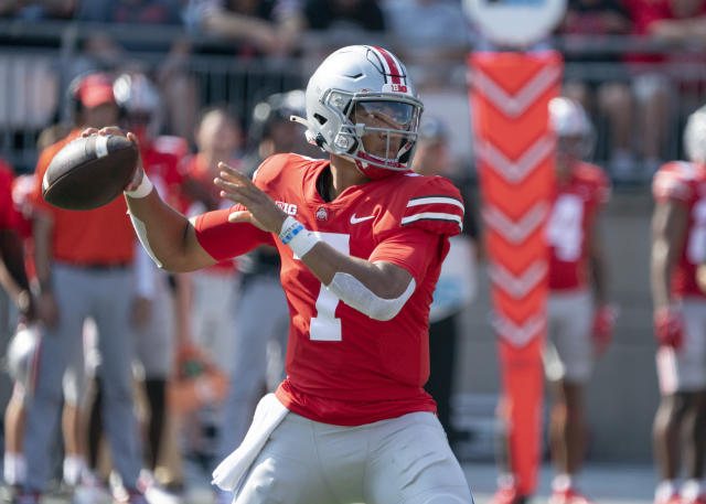 Quarterback C.J. Stroud of the Ohio State Buckeyes takes the field