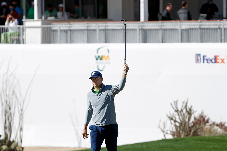 SCOTTSDALE, ARIZONA - FEBRUARY 06: Jordan Spieth of the United States reacts to a birdie on the 16th hole during the third round of the Waste Management Phoenix Open at TPC Scottsdale on February 06, 2021 in Scottsdale, Arizona. (Photo by Christian Petersen/Getty Images)