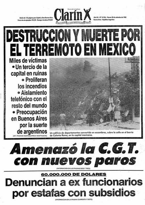 Portadas sobre el terremoto de 1985, Clarín, Argentina