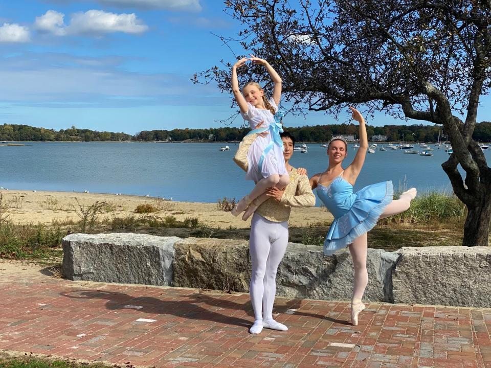 Top center, from left: Julia Wessler as Clara, 11, of Rockland, Harry Yamakawa-Moser as Cavalier, 38, of Winchester, Olivia Boutin as Sugar Plum, 18, of Plymouth, on location at Hingham Bathing Beach, Hingham.