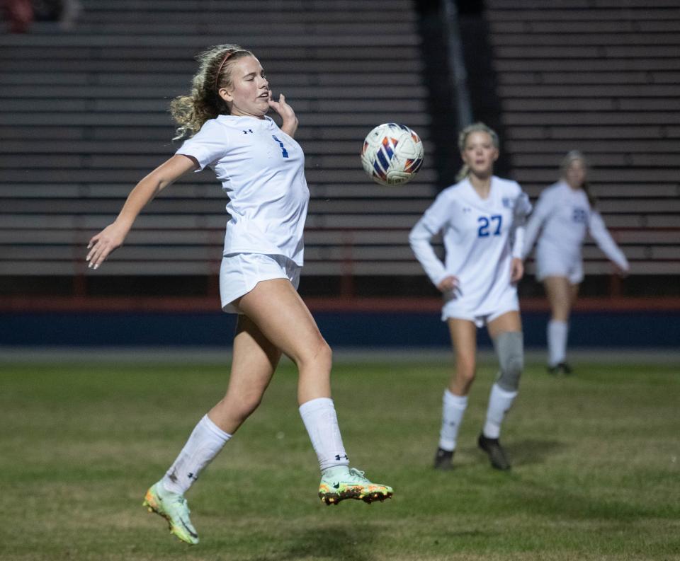 Ruth Lipnicky (1) takes control of the ball during the Booker T. Washington vs Escambia girls soccer game at Escambia High School in Pensacola on Friday, Jan. 6, 2023.