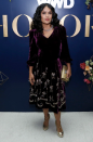 <p>For the third annual WWD Honours ceremony in New York, Salma wore a vampish velvet dress with gold peep-toe heels. <em>[Photo: Rex]</em> </p>