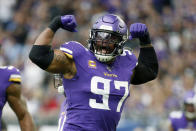 FILE - In this Sept. 22, 2019, file photo, Minnesota Vikings defensive end Everson Griffen (97) celebrates after a sack during the first half of an NFL football game against the Oakland Raiders in Minneapolis. Minnesota's four-time Pro Bowl pick has 74 1/2 career sacks, including 26 1/2 the past three seasons, but he exercised his option to void the remaining three years on his contract. (AP Photo/Bruce Kluckhohn, File)