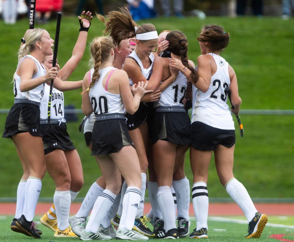 Point Pleasant Boro's field hockey players celebrate after Camryn Johnson's penalty stroke goal in the fourth quarter. Point Boro won the match 1-0.