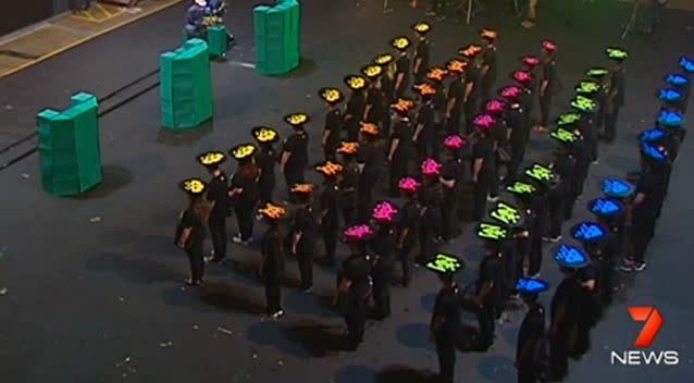 Extras in Sydney play the part of real life Space Invaders on set. Photo: 7 News