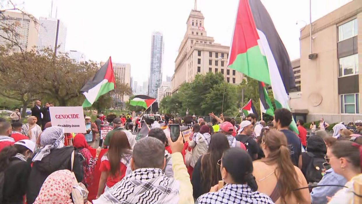 Four people were arrested at a pro-Palestinian demonstration Saturday near University Avenue and Armoury Street, Toronto police say. (Igor Petrov/CBC - image credit)