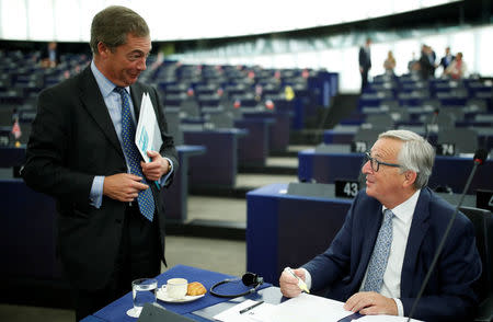 European Commission President Jean-Claude Juncker (R), talks with Nigel Farage, United Kingdom Independence Party (UKIP) member and MEP ahead of the State of the European Union debate at the European Parliament in Strasbourg, France, September 13, 2017. REUTERS/Christian Hartmann