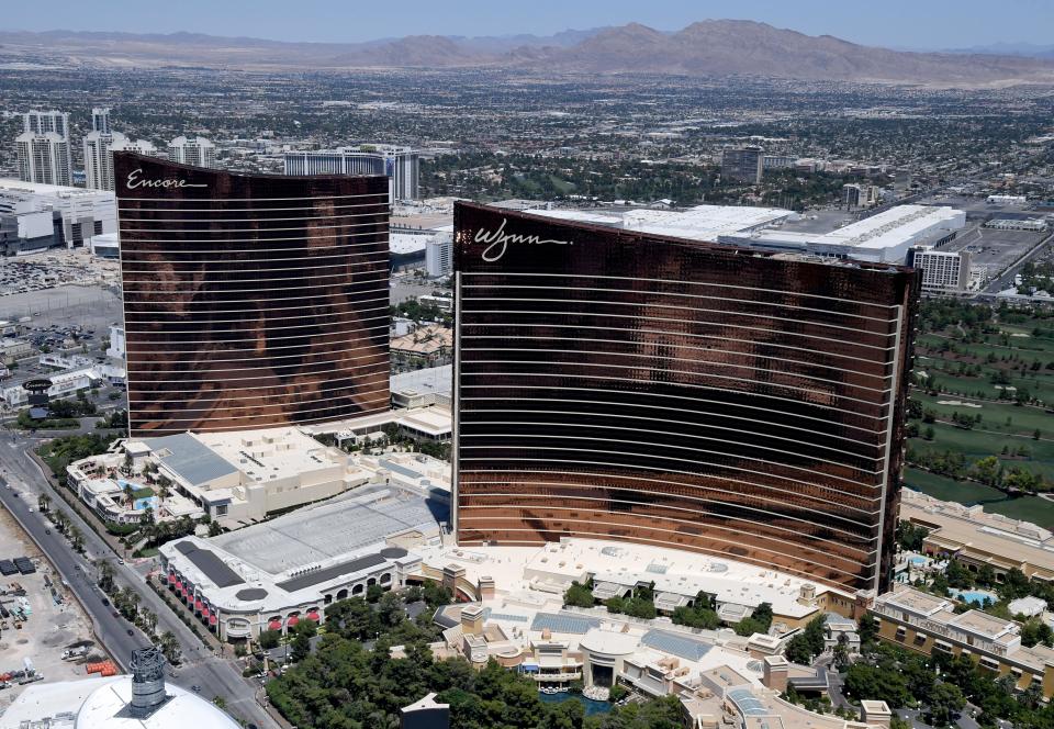 An aerial view of the large Encore and Wynn hotels in Las Vegas taken in 2020