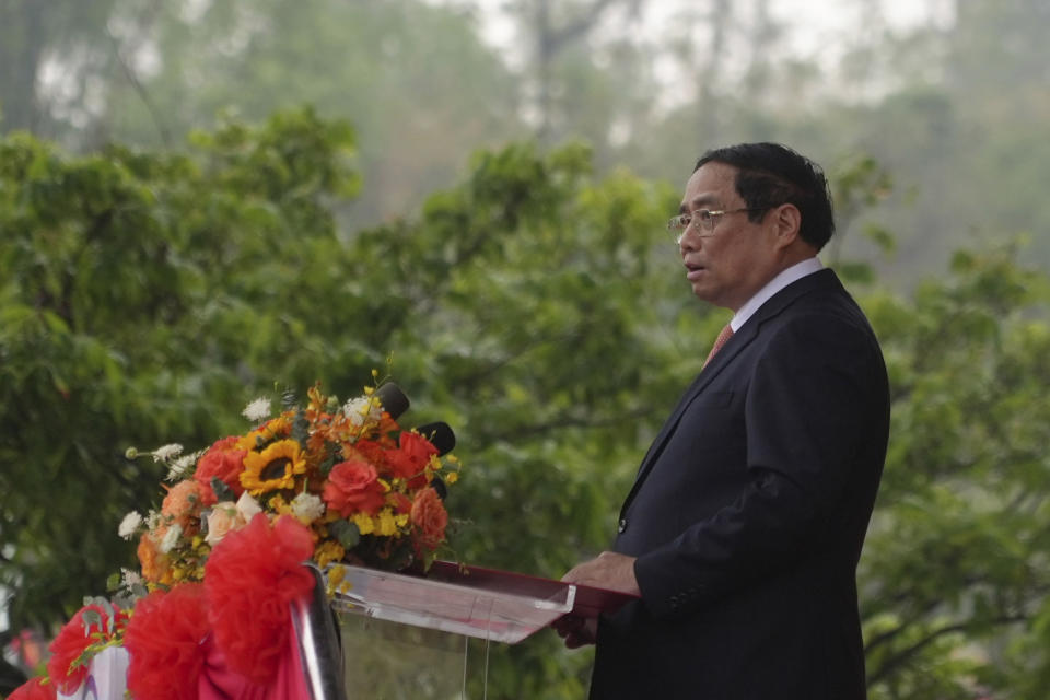 Vietnamese Prime Minister Pham Minh Chinh addresses a gathering at a parade commemorating the victory of Dien Bien Phu battle in Dien Bien Phu, Vietnam, Tuesday, May 7, 2024. Vietnam is celebrating the 70th anniversary of the battle of Dien Bien Phu, where the French army was defeated by Vietnamese troops, ending the French colonial rule in Vietnam. (AP Photo/Hau Dinh)