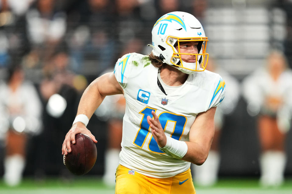 Justin Herbert leads the Chargers against the Colts on Monday Night Football. (Photo by Chris Unger/Getty Images)