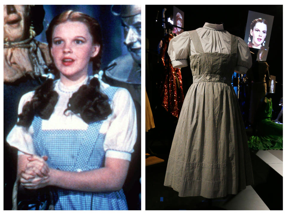 This photo combo shows, at left, actress Judy Garland as Dorothy in a scene from "The Wizard of Oz," and at right, is an Oct. 16, 2012 file photo showing the dress Garland wore in the movie, on display in London. On Sunday, Nov. 11, 2012, auction house Julien's Auctions said the gingham dress fetched the highest price of any item during a two-day auction of Hollywood memorabilia that attracted bids from around the world, selling for $480,000. (AP Photo/Warner Bros., Alastair Grant)