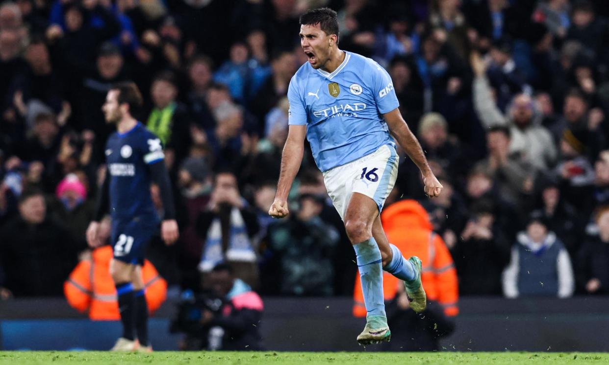 <span>Rodri was able to find space all over the pitch to keep an option to teammates – and most significantly to score the equaliser.</span><span>Photograph: Darren Staples/AFP/Getty Images</span>
