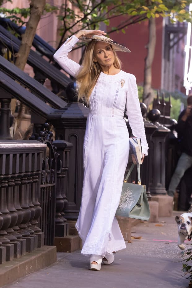 Carrie (Sarah Jessica Parker) in her upcycled jumpsuit and vintage Vivienne Westwood platforms from Paris.<p>Photo: MEGA/GC Images</p>