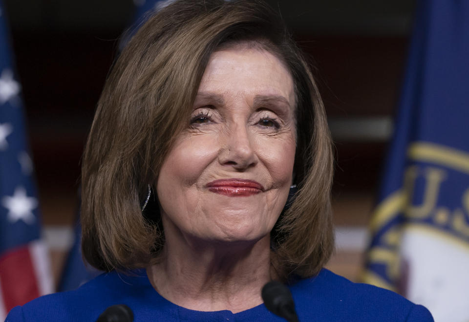 Speaker of the House Nancy Pelosi, D-Calif., arrives to meet with reporters following escalation of tensions this week between the U.S. and Iran, Thursday, Jan. 9, 2020, on Capitol Hill in Washington. (AP Photo/J. Scott Applewhite)