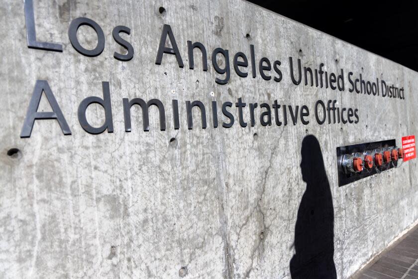 LOS ANGELES, CA - NOVEMBER 02: Jane Doe CA, 18, a victim of North Hollywood teachers' aide Lino Cabrera, speaks at a press conference held to announce the $20 million settlement with the Los Angeles Unified School District. LAUSD headquarters on Thursday, Nov. 2, 2023 in Los Angeles, CA. (Irfan Khan / Los Angeles Times)