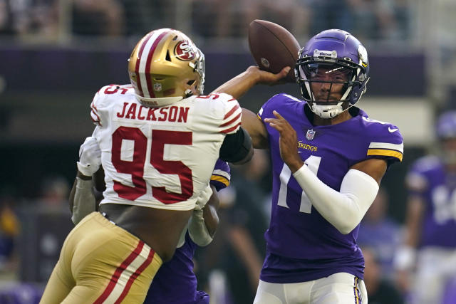 Nick Mullens of the Minnesota Vikings throws a pass against the