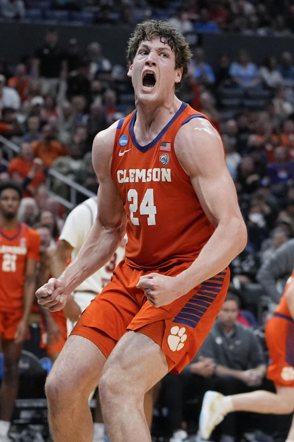 Clemson center PJ Hall celebrates after a dunk during the second half of an Elite 8 college basketball game against Alabama in the NCAA tournament Saturday, March 30, 2024, in Los Angeles. (AP Photo/Ryan Sun)