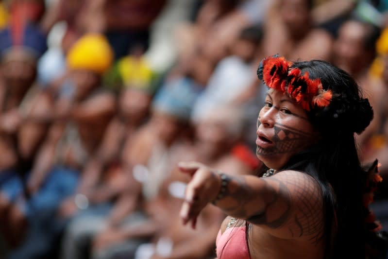 Alessandra, indigenous woman of Munduruku tribe speaks during a press conference to ask authorities for protection for indigenous land and cultural rights in Brasilia