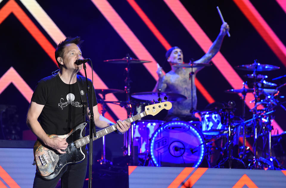 <p>Mark Hoppus (L) and Travis Barker of Blink 182 perform during the 2017 Life is Beautiful Festival on September 22, 2017 in Las Vegas, Nevada.<br>(Photo by Tim Mosenfelder/Getty Images) </p>