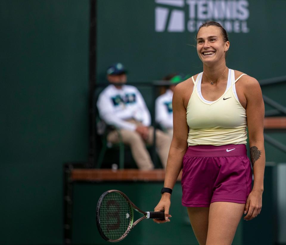 Aryna Sabalenka of Belarus smiles after a point against Elena Rybakina of Kazakhstan during the women's singles final of the BNP Paribas Open at the Indian Wells Tennis Garden in Indian Wells, Calif., Sunday, March 19, 2023. 